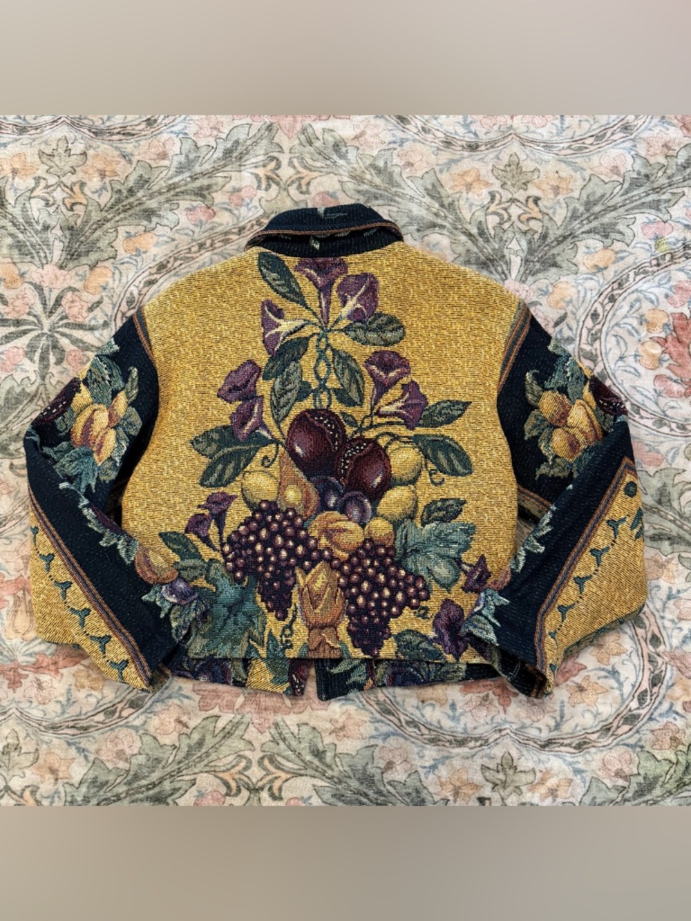 Paco Soler Black Tapestry Fruit-Print Blazer with Gold Accents S/M